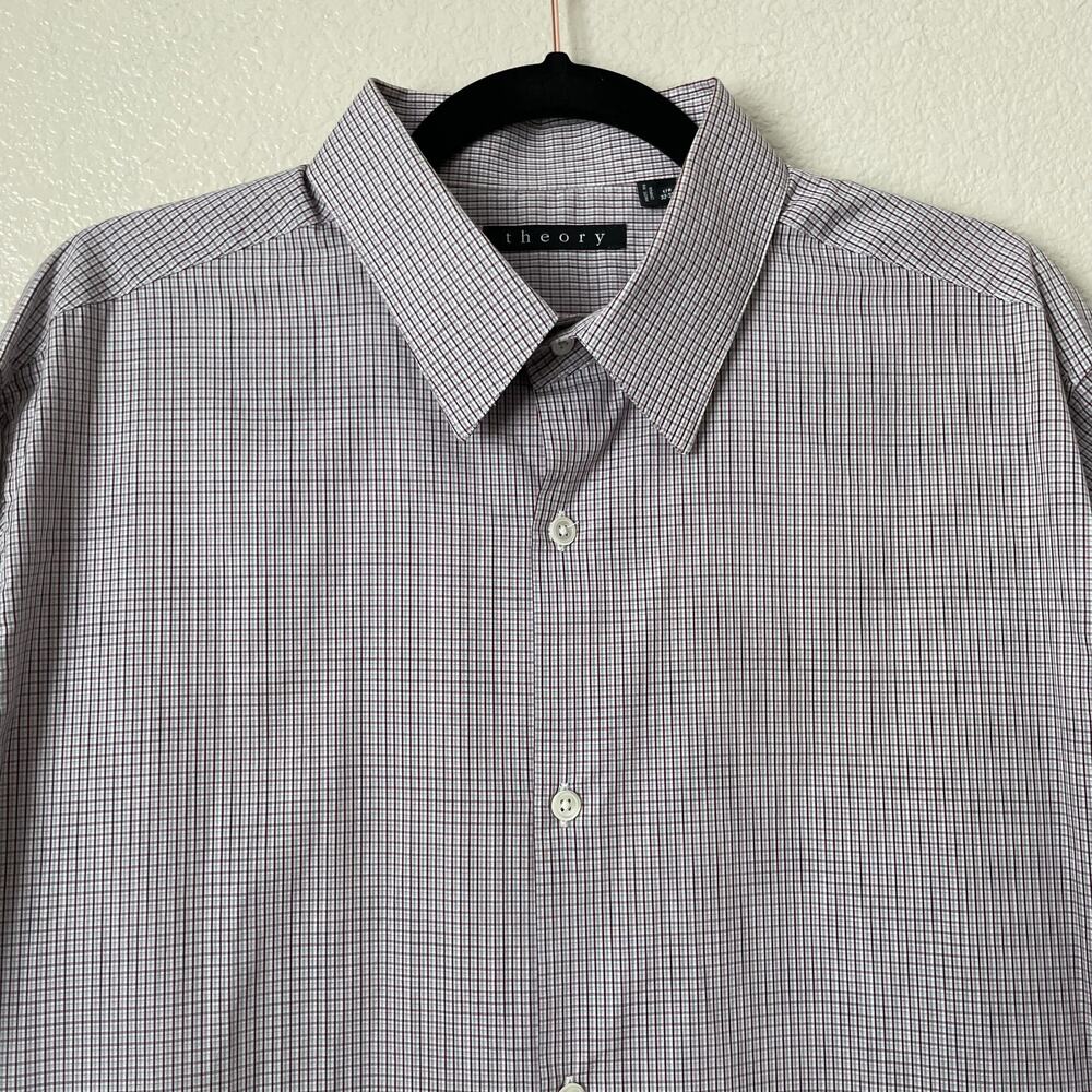 Theory Shirt Mens 17 32-33 White Red Plaid Button Up Long Sleeve Cotton Preppy - Picture 4 of 12